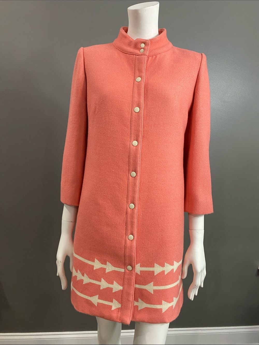 Lauren Moffatt Eastward Dress Coat Coral Arrow-Trim Wool Size M - Picture 2 of 15